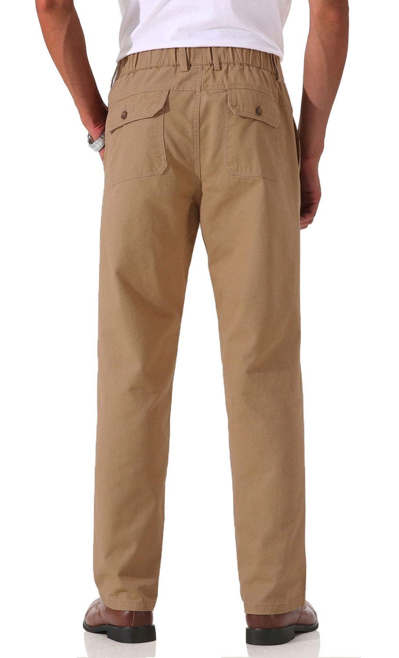 Soojun Men's Cotton Relaxed Fit Full Elastic Waist Twill Pants, Dark Khaki, 36W x 32L - Image 4